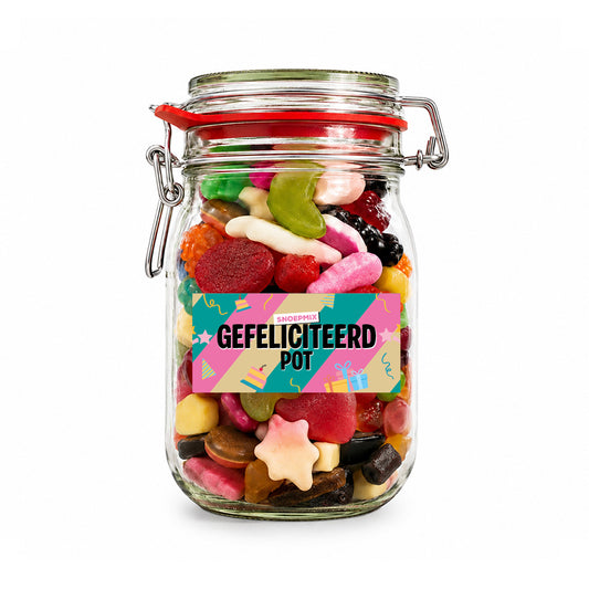 Snoeppot weck "Gefeliciteerd Pot" mix snoep (1000 ml)