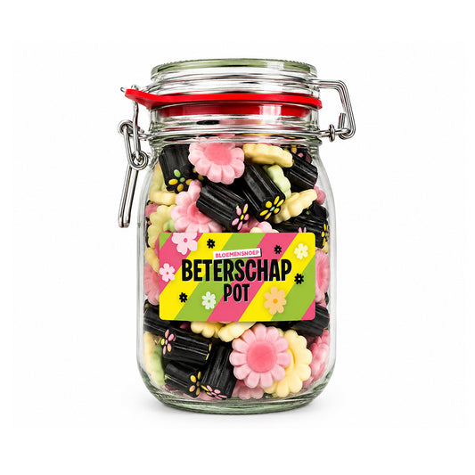 Snoeppot weck "Beterschap Pot" bloemensnoep/drop (1000 ml)