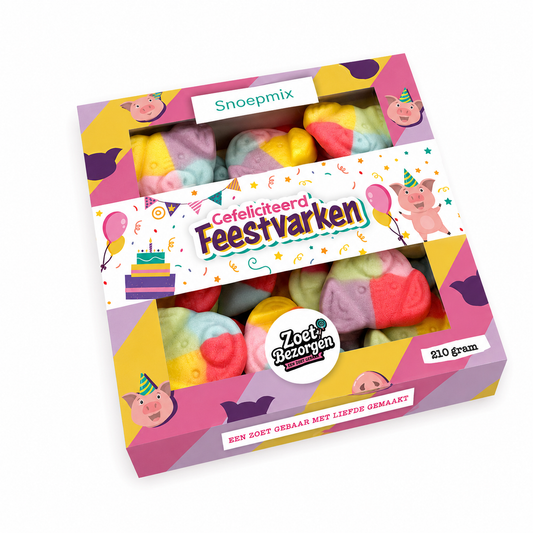 Snoeppakket “Gefeliciteerd Feestvarken” Biggetjes snoep (210 gram)